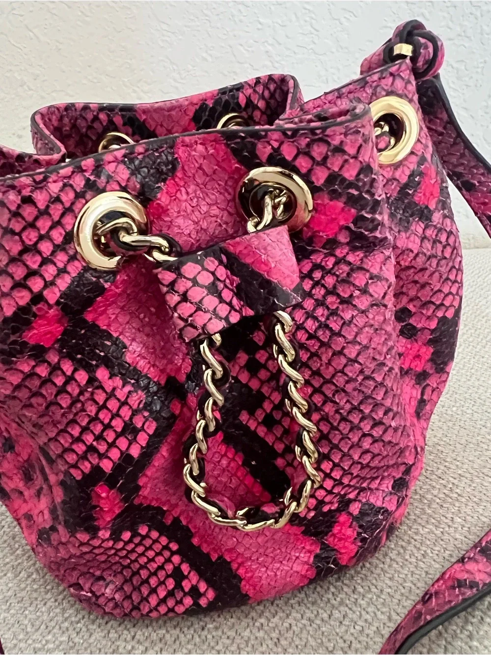 Michael Kors Hot Pink Snakeskin-Print Drawstring Crossbody
